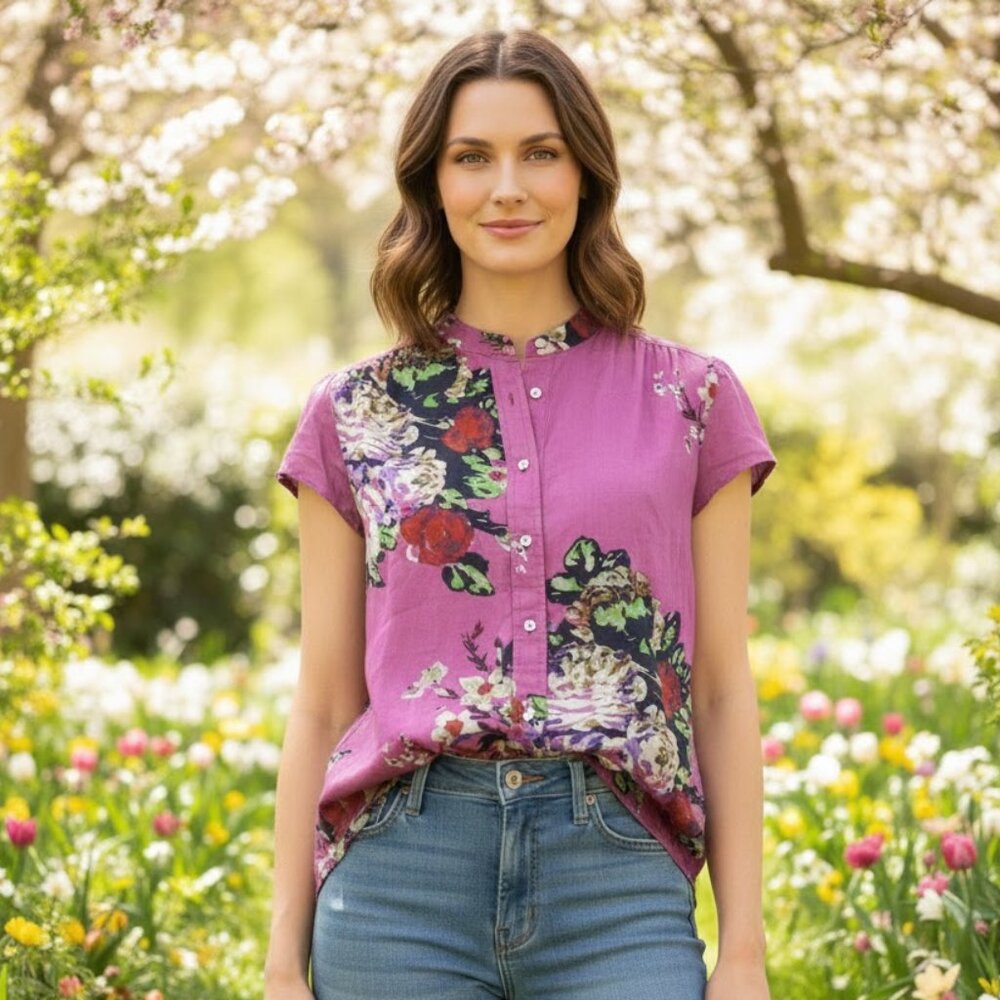 NWOT Soft Surroundings Silk Tunic PinRose Floral Print Blouse Petite Large 2AZ23